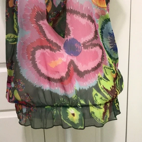 Desigual Sheer Floral Tie V-Neck Blouse S Y2K Cap Sleeve Art Print - Picture 16 of 17